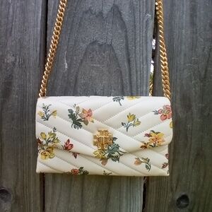 Tory Burch Kira Chevron Chain Wallet Beige Floral Print Leather Crossbody Summer